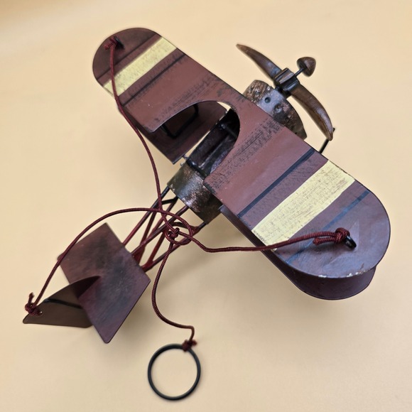 Vintage Metal Biplane Model Rustic Bronze Burgundy Decorative Aircraft 7 Inch - Picture 8 of 16